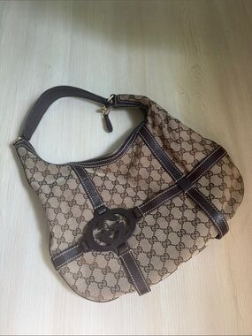Gucci Brown Monogram Canvas Shoulder Bag with Dark Brown Trim